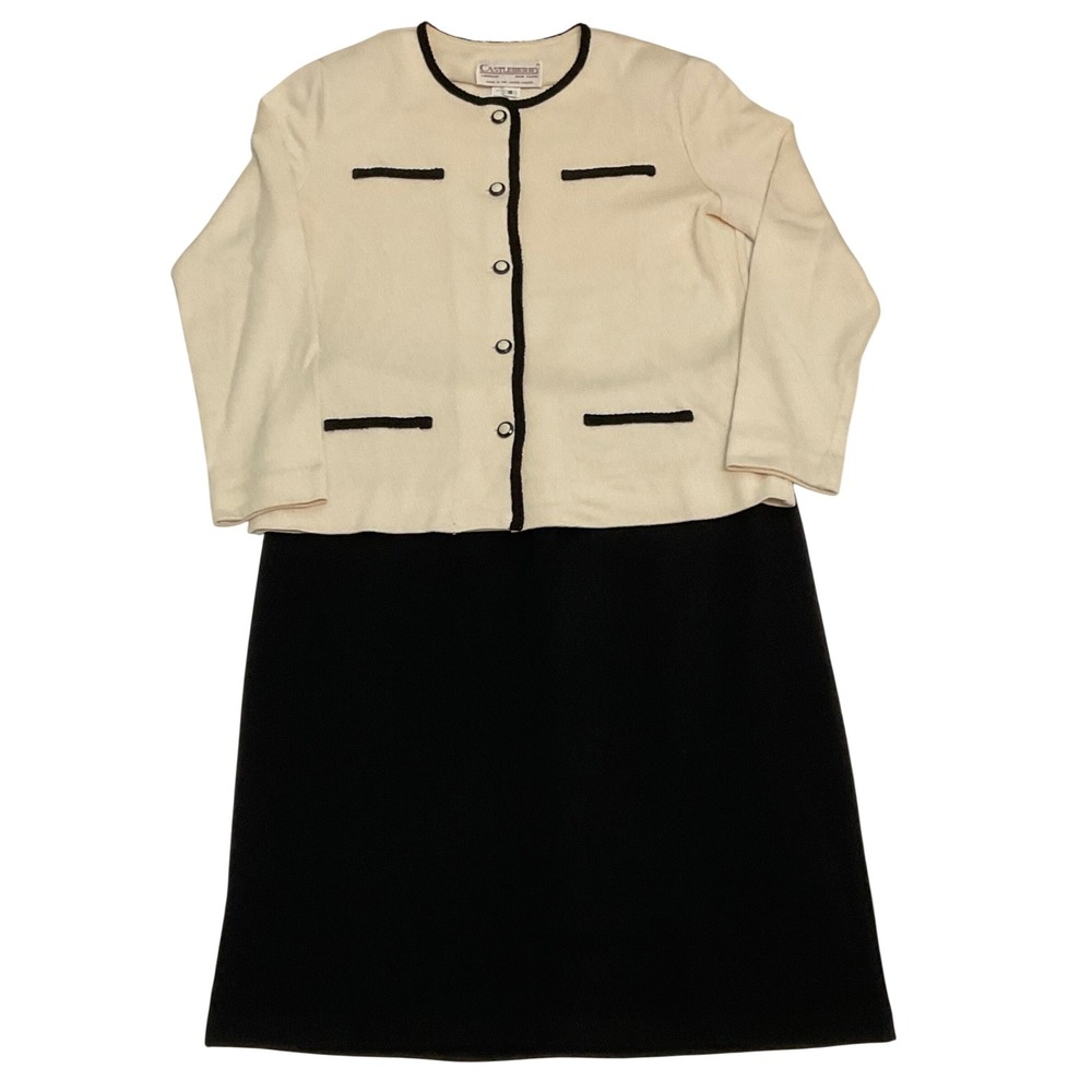 VTG Castleberry London Knit Skirt Set 16 Cream Black Cardigan Pencil Skirt 80s